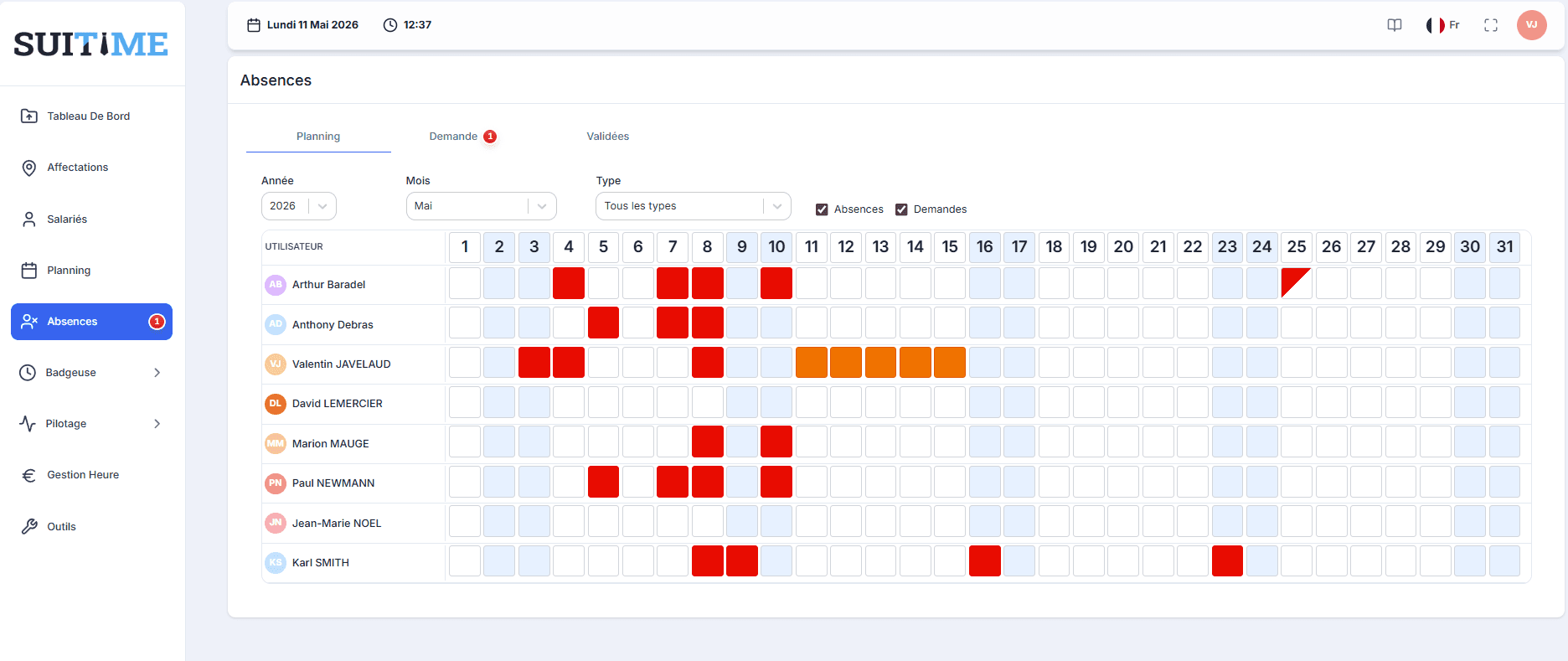 Calendrier mensuel des absences