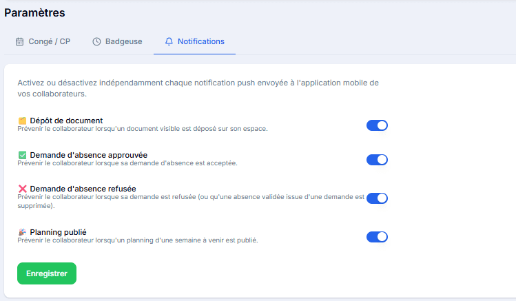 Onglet Notifications dans les Paramètres