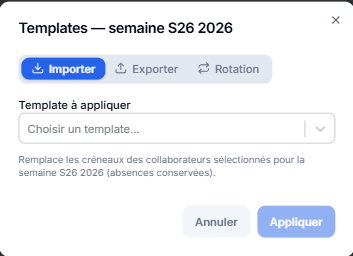 Popup Templates — onglets Importer, Exporter, Rotation