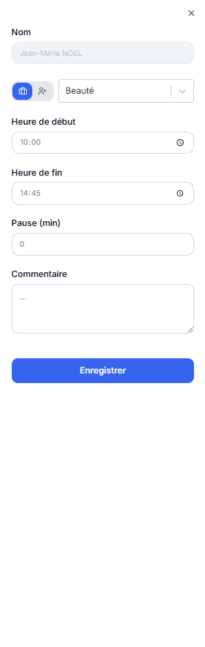 Popup de saisie d'un créneau
